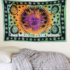 Green Multi Psychedelic Celestial Sun Moon Tie Dye Tapestry Wall Hanging