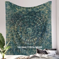 Boho Green Black Tie Dye Colorful Elephant Mandala Tapestry - Queen Size