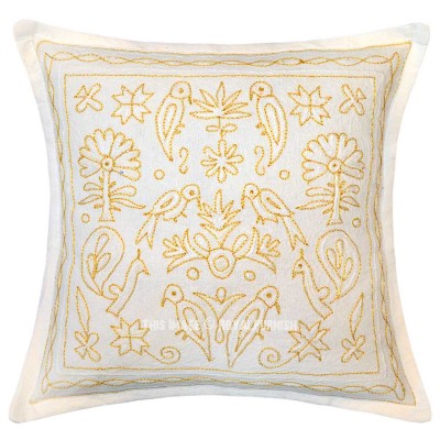 White Needlepoint Birds Animal Embroidered Throw Pillow