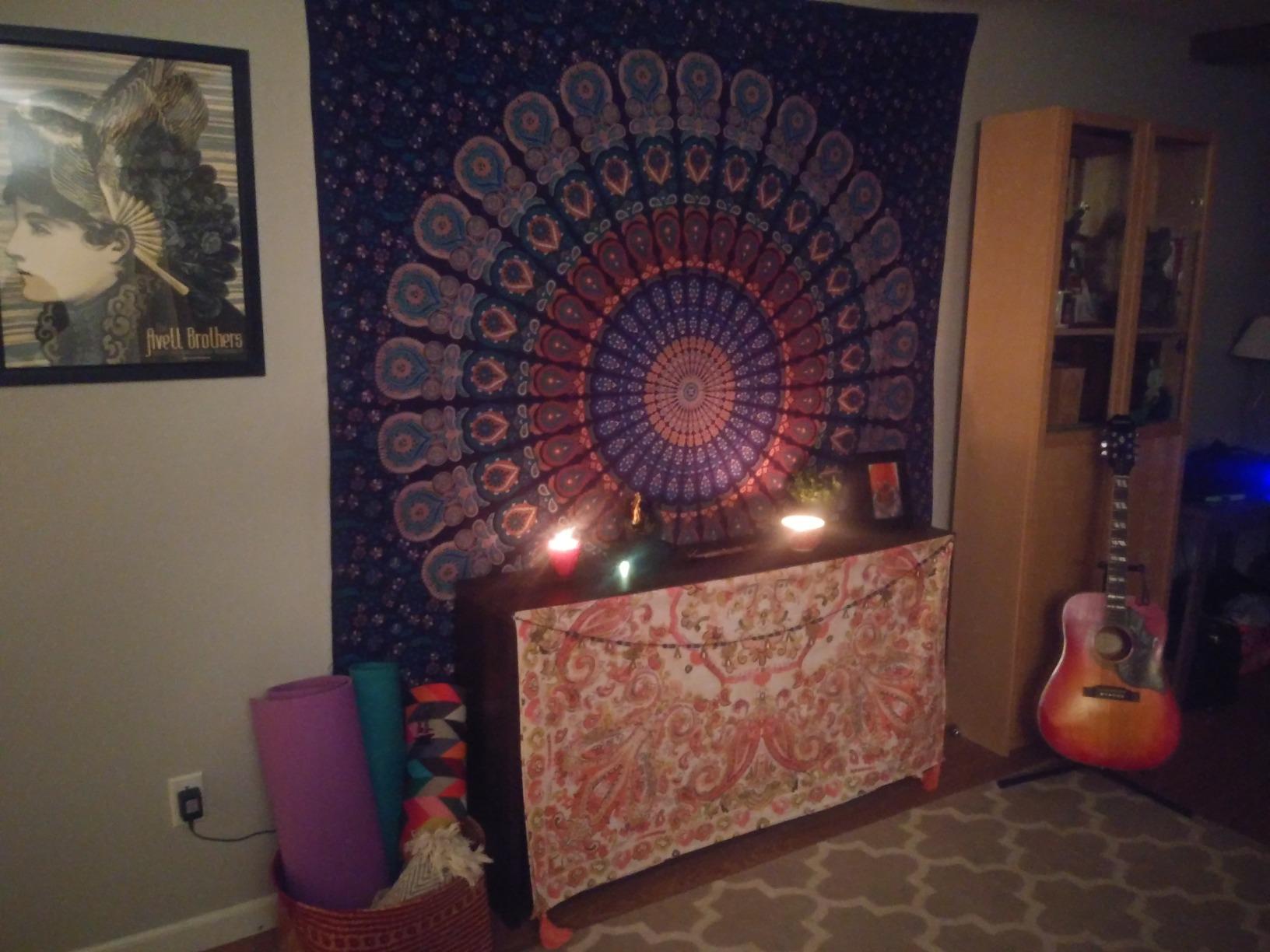 Perfect addition to my meditation space!!! I absolutely LOVE this. The fabric is sturdy, vibrant, and beautiful. It makes for a wonderful addition to my meditation space as a wall tapestry, but it would also make a beautiful bed covering. 