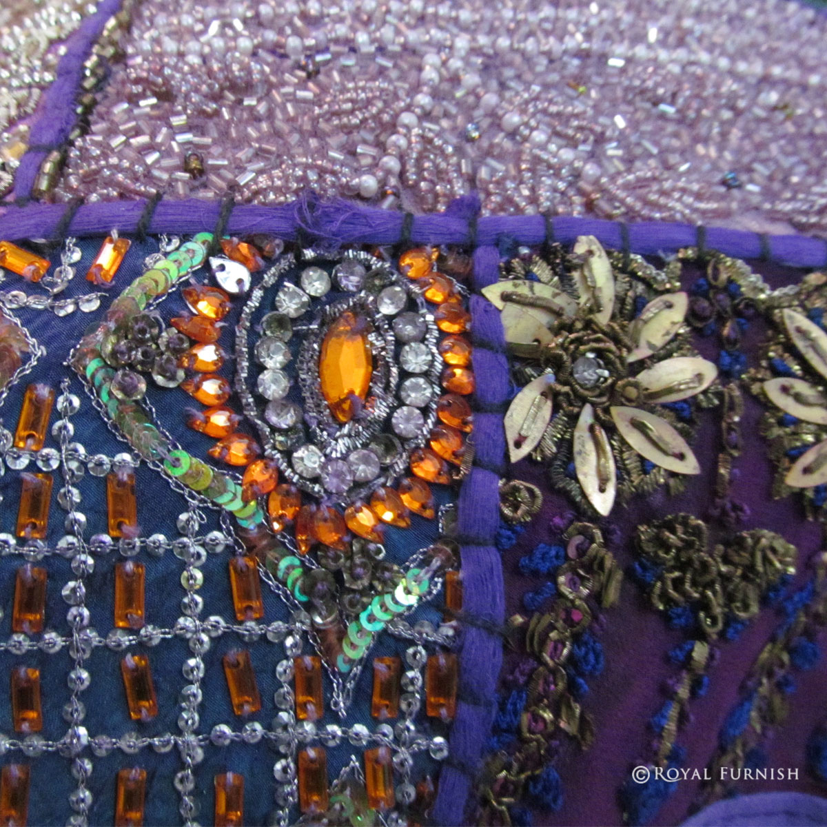 Antique Purple Heavy Beaded Patchwork Embroidered Accent Throw Pillow