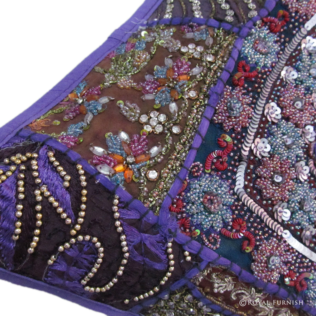 Antique Purple Heavy Beaded Patchwork Embroidered Accent Throw Pillow