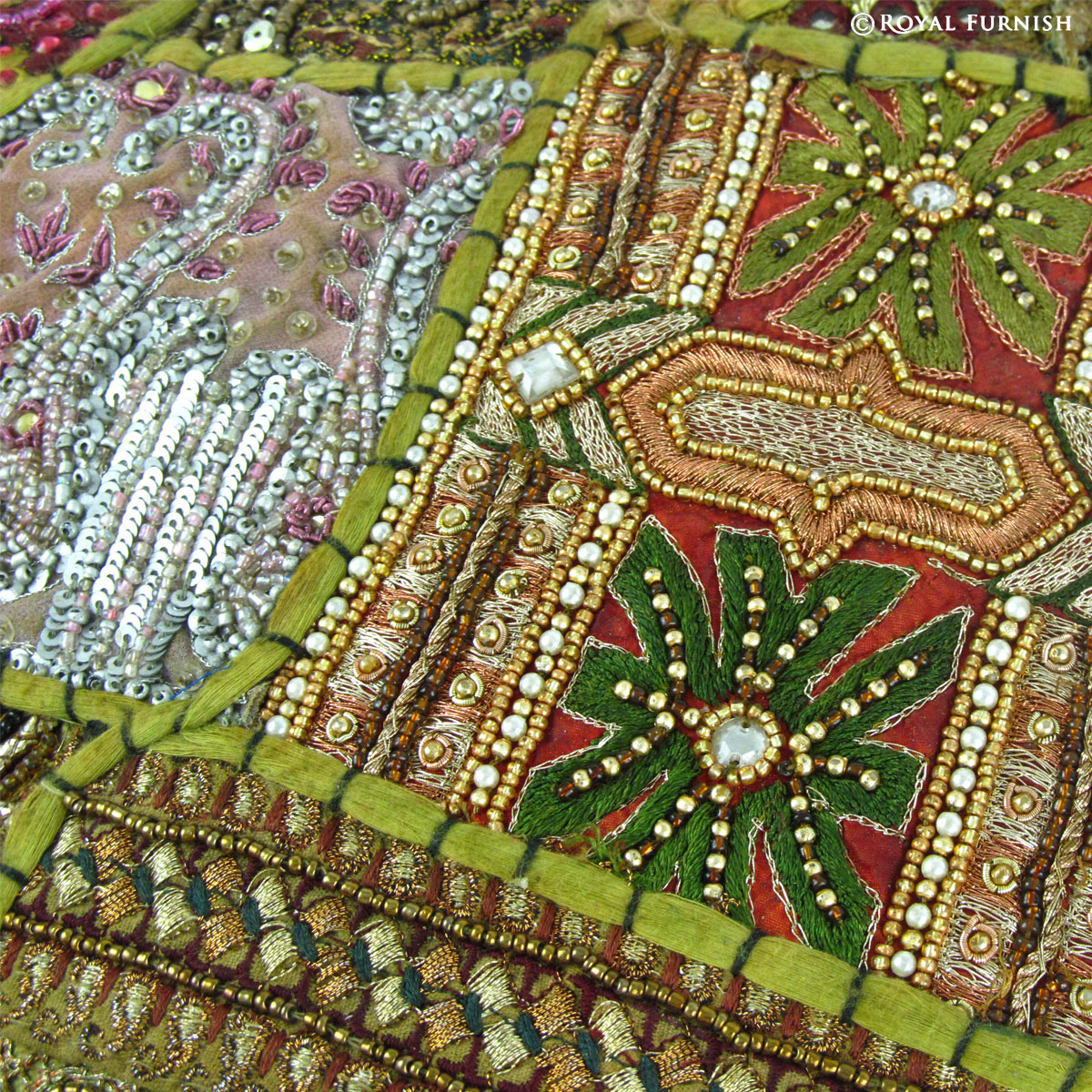 Green Vintage Beaded Patchwork Embroidered Accent Throw Pillow Case