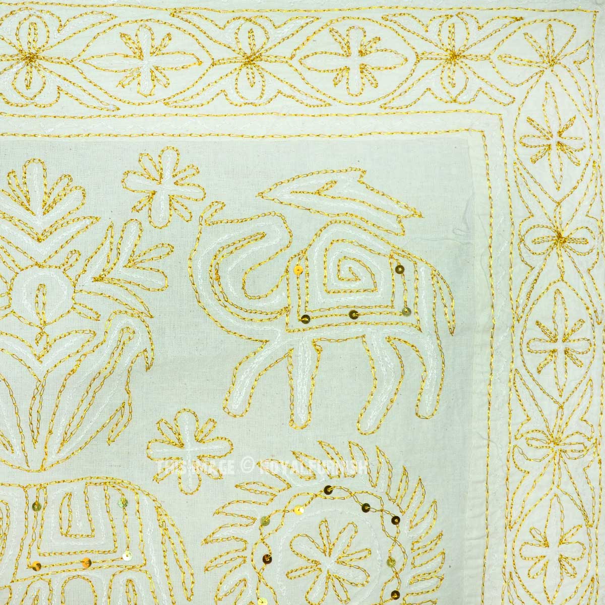 White Animal & Floral Golden Thread Embroidered Fabric Wall Hanging Art