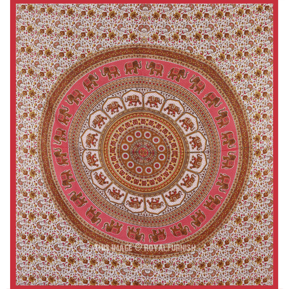 Red Indian Elephant Round Mandala Dorm Decor Tapestry Wall Hanging ...