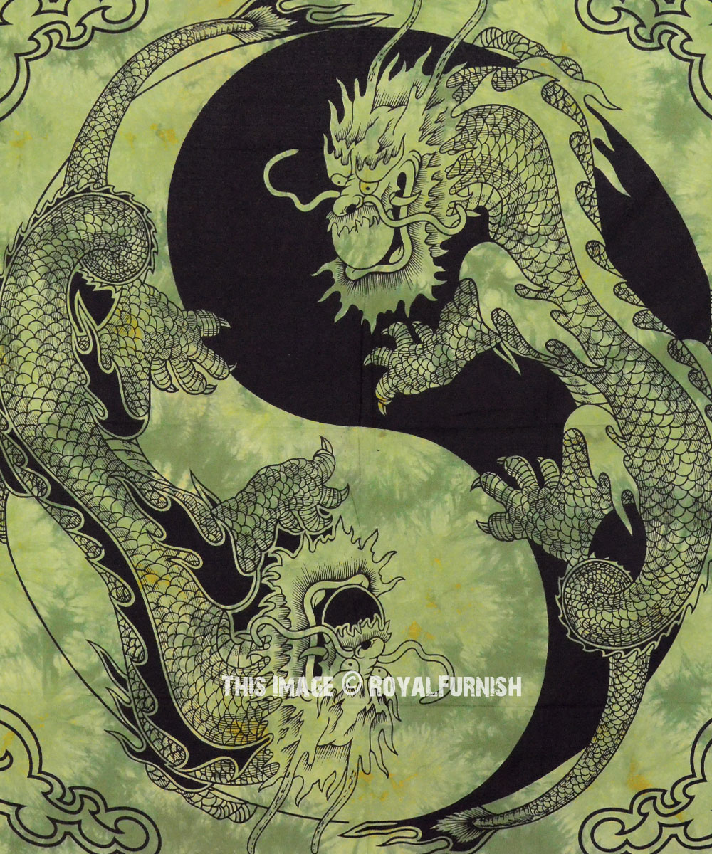Green Yin Yang Chinese Dragon Fly Hippie Tapestry Wall Hanging ...