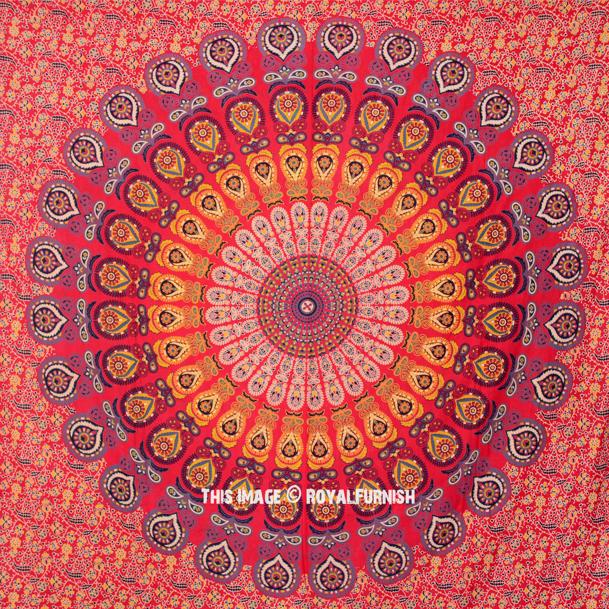 Red Psychedelic Bright Floral Mandala Hippie Tapestry Bedspread