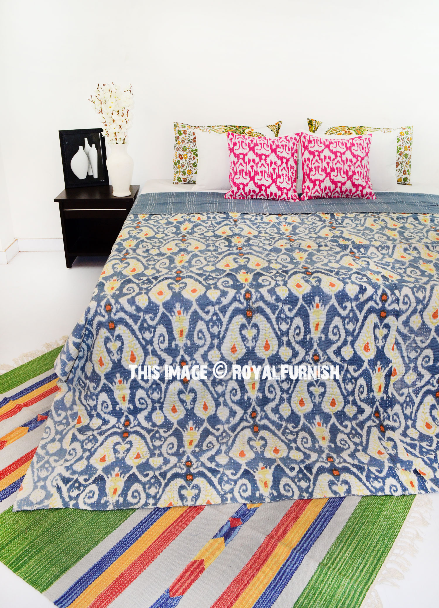 Grey Ikat Multi Unique Handmade Kantha Quilted Bedspread Throw ...