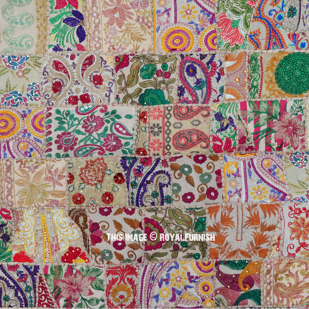 Green Multi Recycled Patches and Hand Embroidery India Tapestry Wall