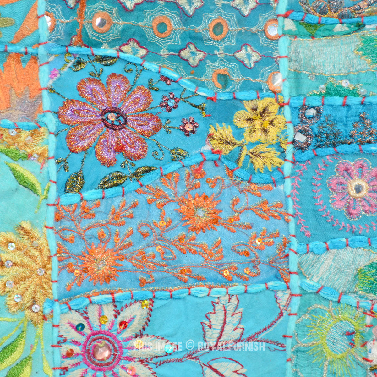 Blue Vintage Recycled Fabric Antique India Patchwork Tapestry Runner