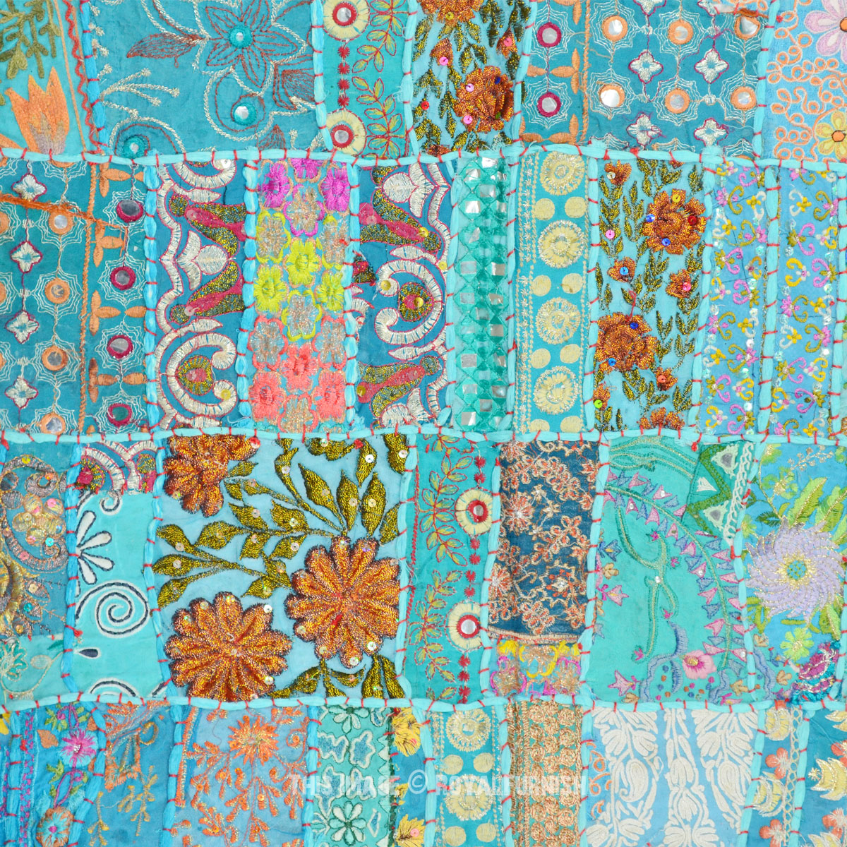 Blue Vintage Recycled Fabric Antique India Patchwork Tapestry Runner