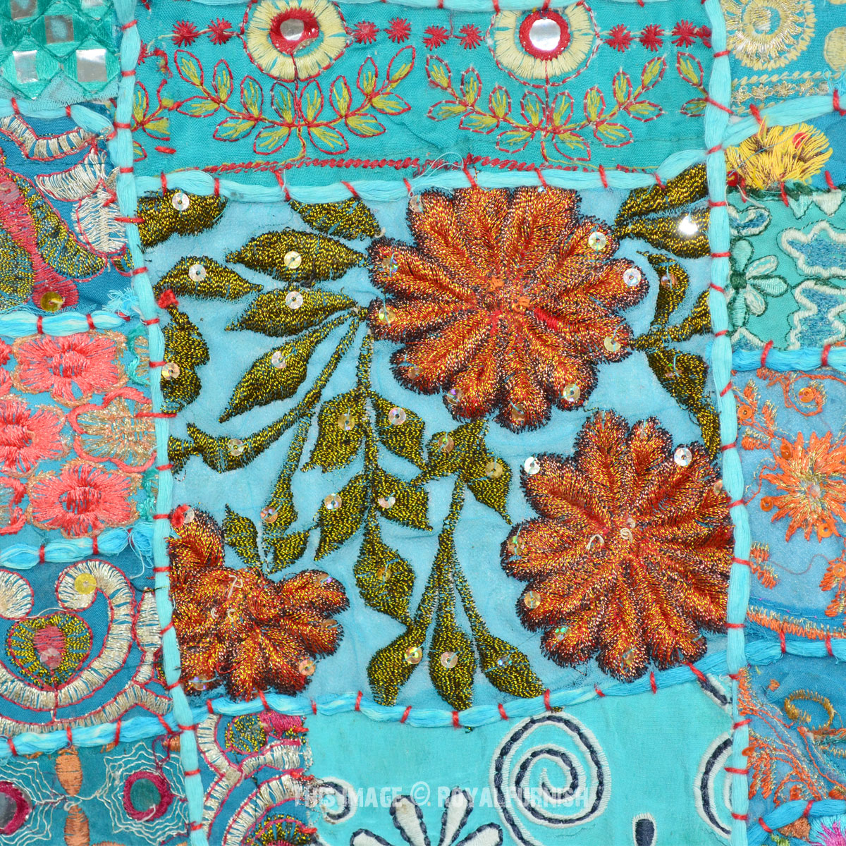 Blue Vintage Recycled Fabric Antique India Patchwork Tapestry Runner