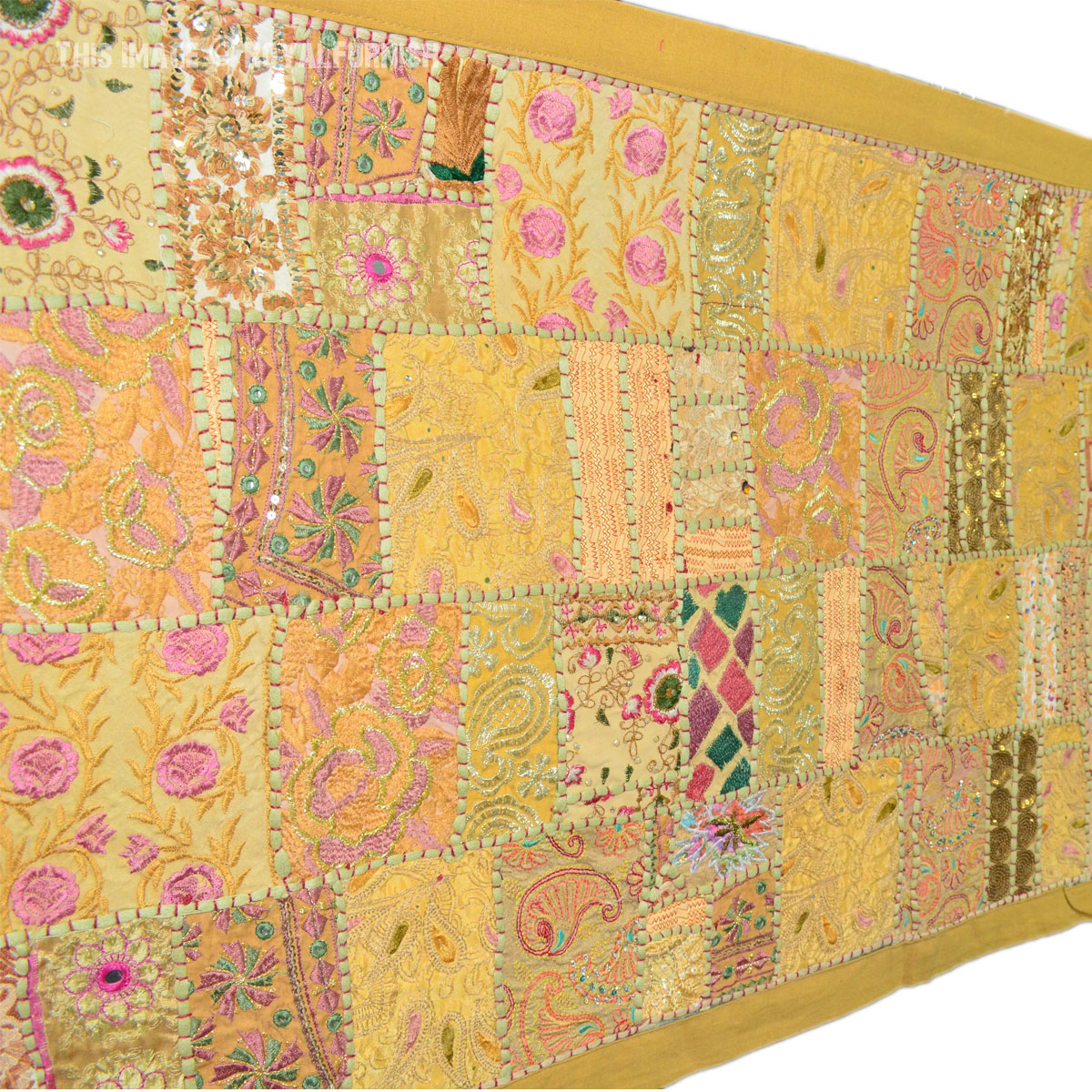 Green Vintage Fabric Patchwork and Embroidered India Wall Tapestry