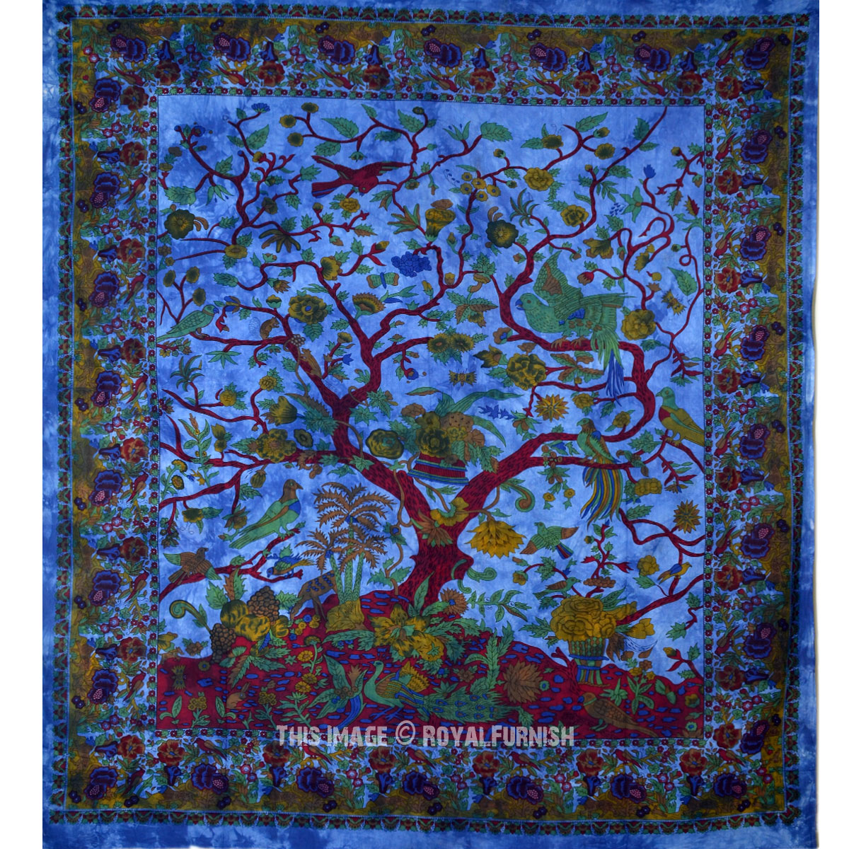 Large Blue Tree of Life & Birds Wall Tapestry, Tie Dye Sheet