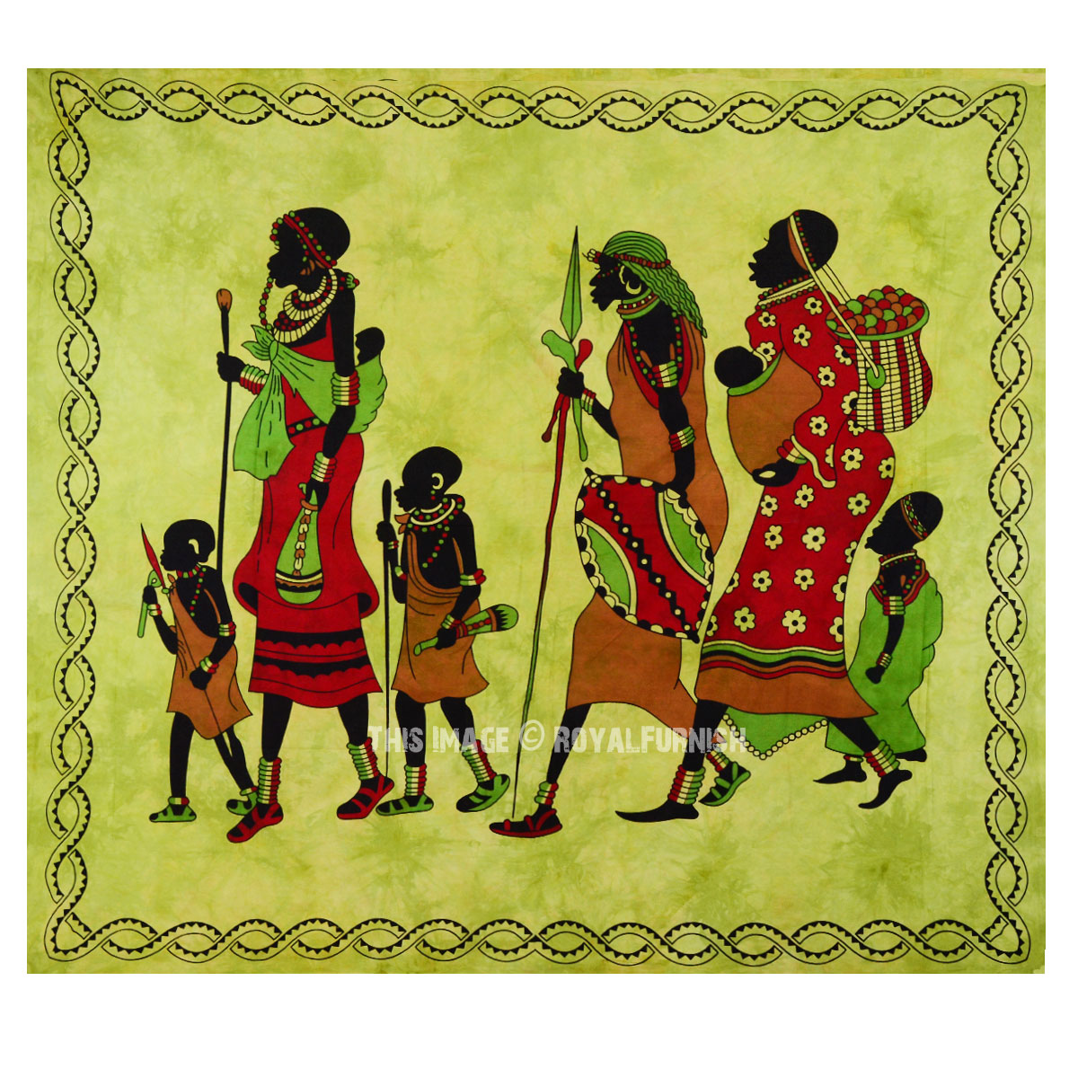 Queen Size Green Tribal Life Theme African Wall Tapestry - RoyalFurnish.com