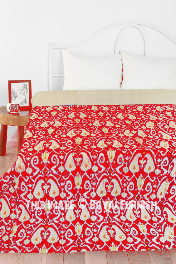 Twin Size Red Ikat Paisley Kantha Quilt, Ikat Twin Bedding