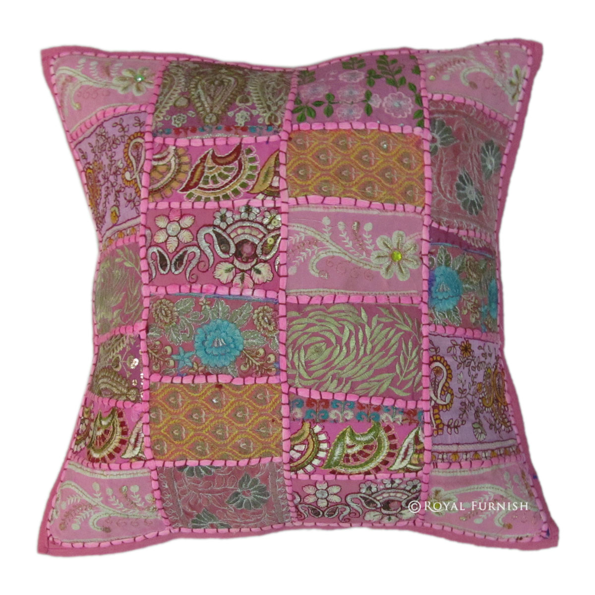 Pink Indian Vintage Sari Patchwork Throw Pillow - RoyalFurnish.com