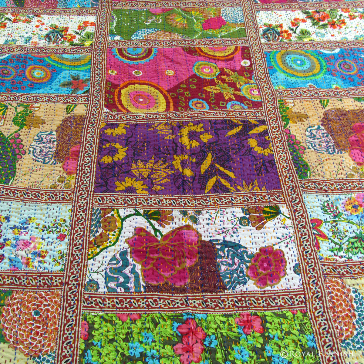 Queen Size Multicolor Patchwork Kantha Quilt Blanket Bedding