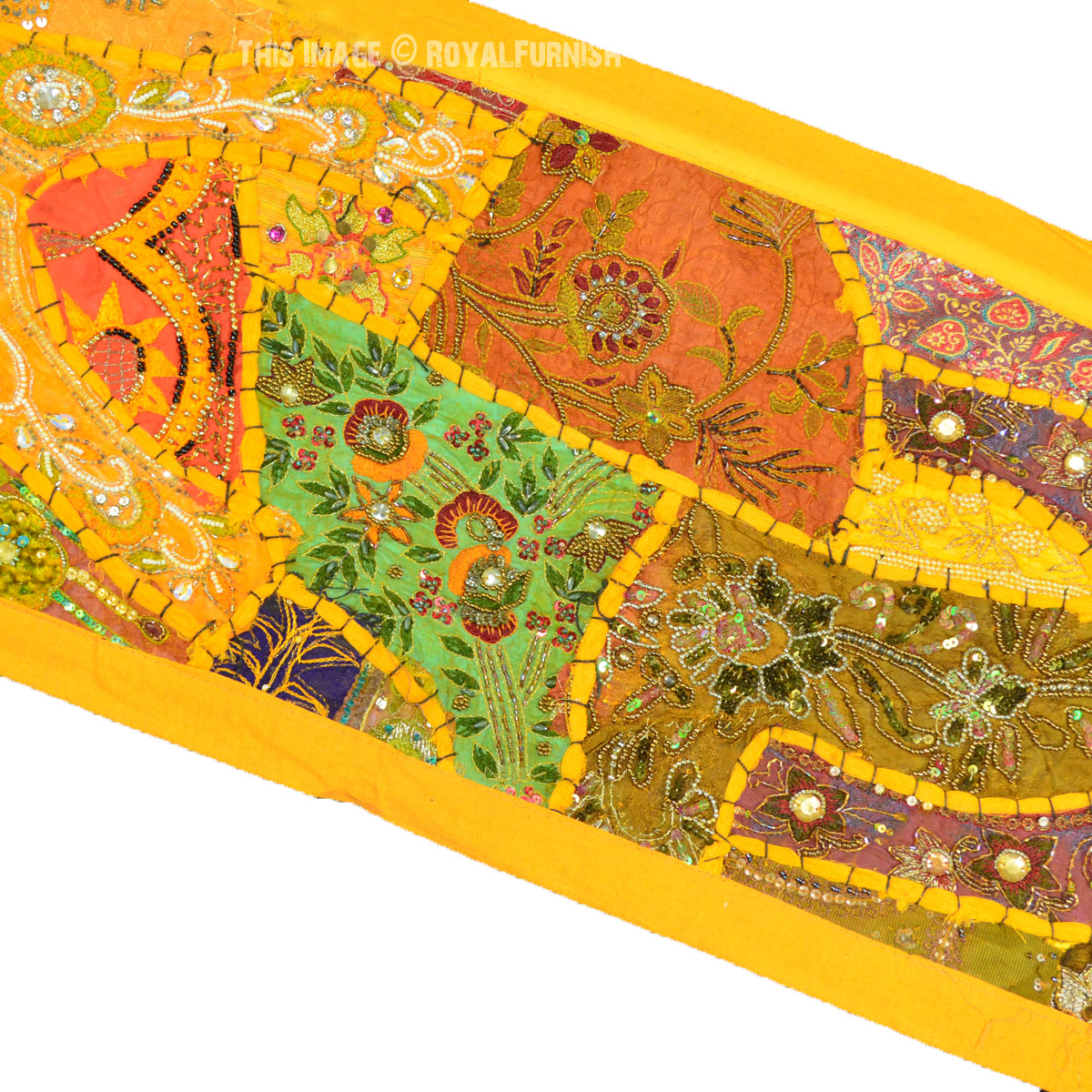 Yellow Expensive Heavy Beaded Indian Vintage Patchwork Tapestry Runner