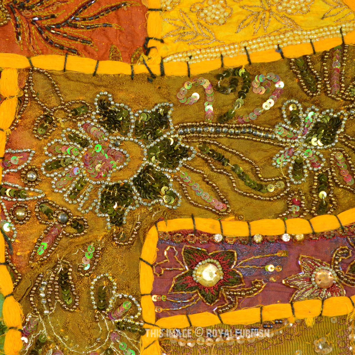 Yellow Expensive Heavy Beaded Indian Vintage Patchwork Tapestry Runner