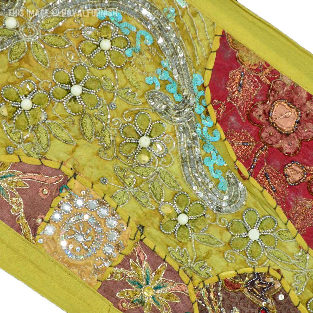 Green Expensive Heavy Beads Hand Embroidered Patchwork Tapestry Runner