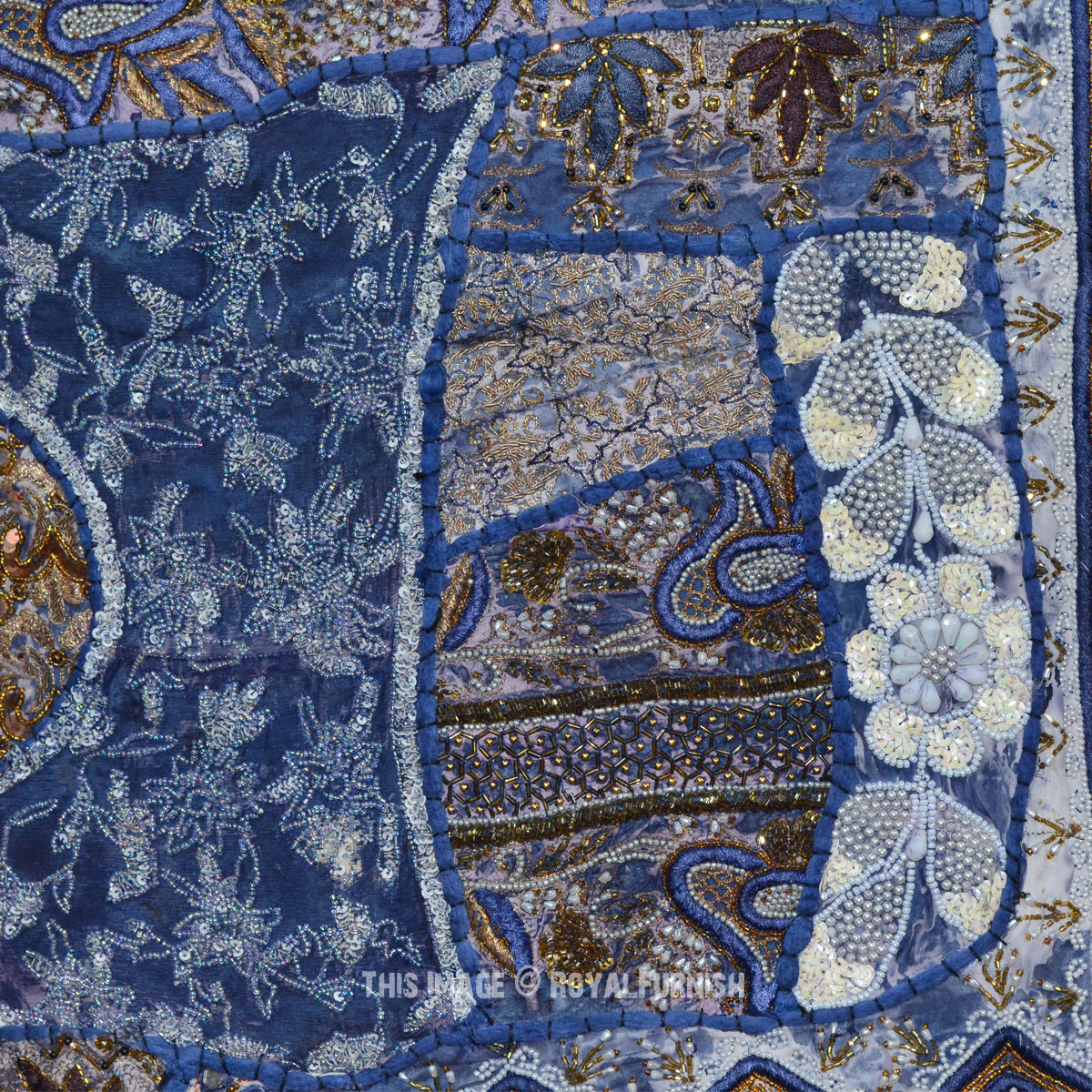 Blue Antique Faux Pearls & Beads Made Indian Vintage Patchwork Tapestry