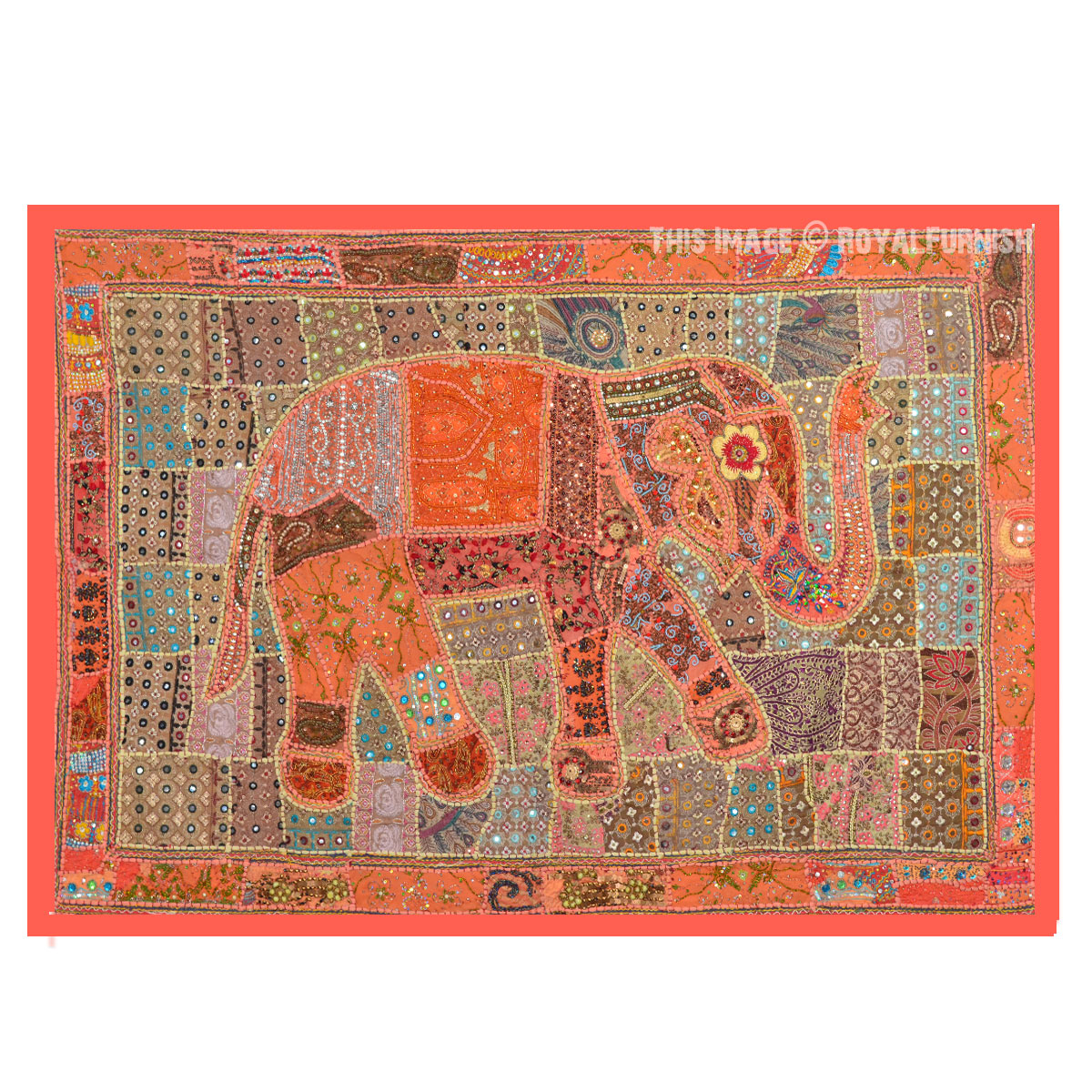 Red Indian Heavy Bead Works Antique Elephant Patchwork Tapestry Wall Hanging Red Indian Heavy Bead Works Antique Elephant Patchwork Tapestry Wall Hanging