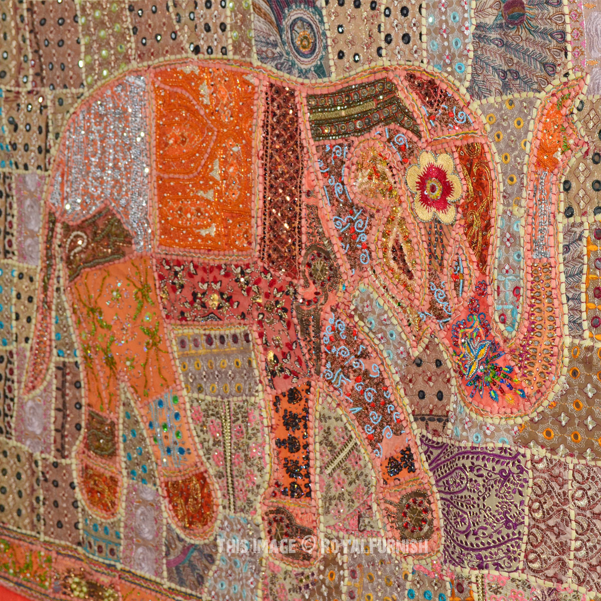 Red Indian Heavy Bead Works Antique Elephant Patchwork Tapestry Wall ...