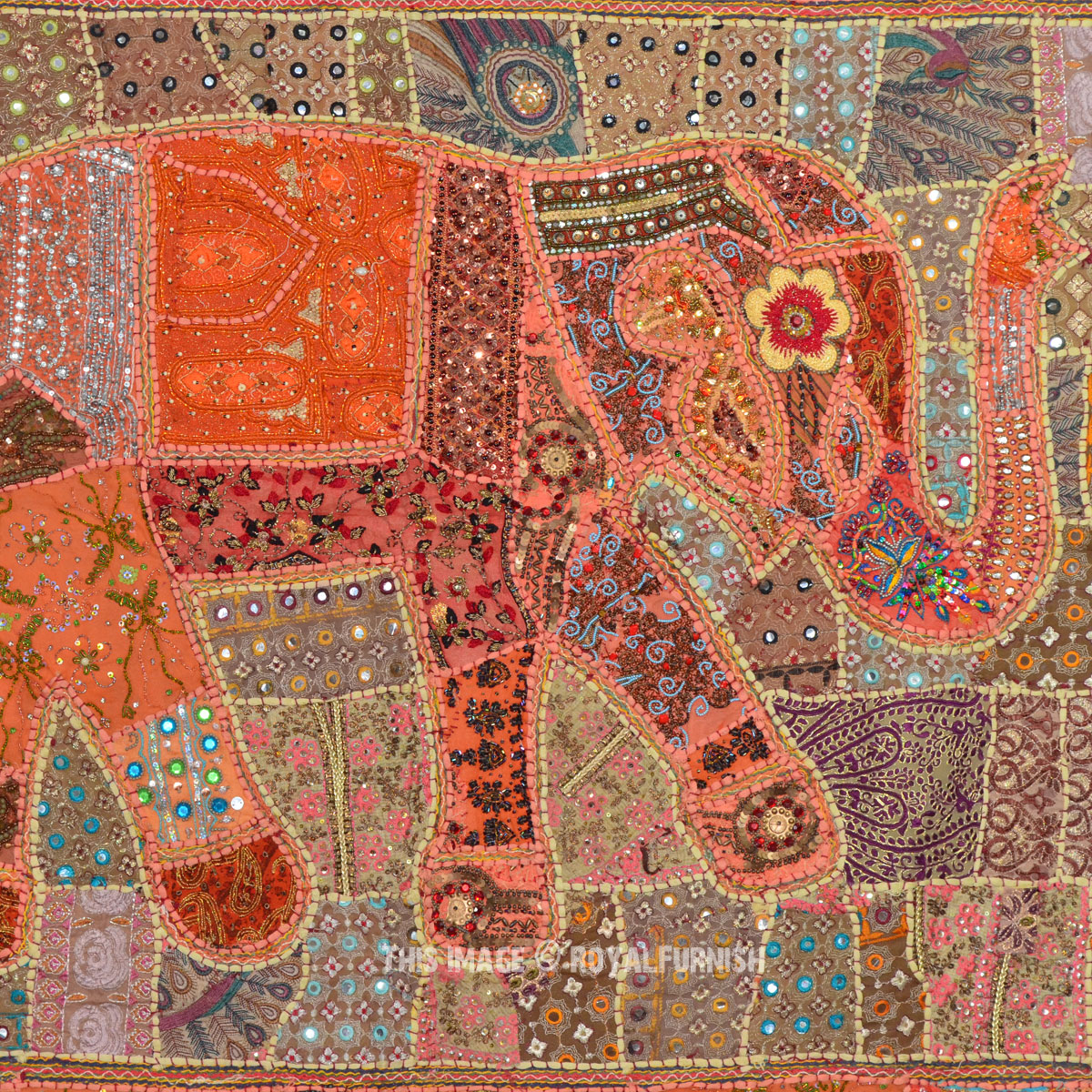 Red Indian Heavy Bead Works Antique Elephant Patchwork Tapestry Wall ...