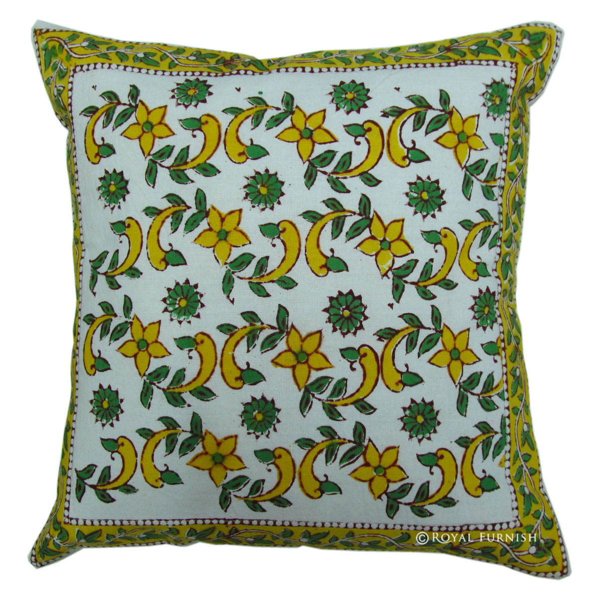 16x16" White Indian Block Printed Floral Cotton Pillow Case