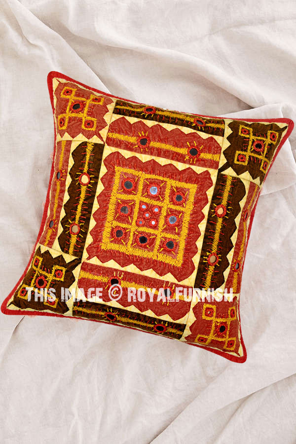 Red Indian Mirror Embroidered Decorative Accent Cotton Throw Pillow Case Sham - RoyalFurnish.com