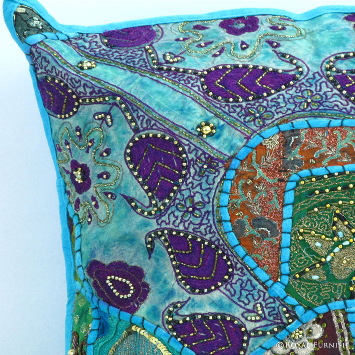 Blue India Handmade Heavy Beaded Patchwork Pillow Sham