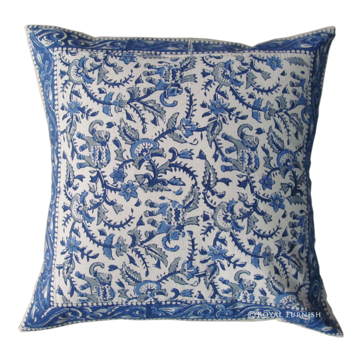 Blue Floral Hand Block Decorative Toss Cushion Cover - RoyalFurnish.com