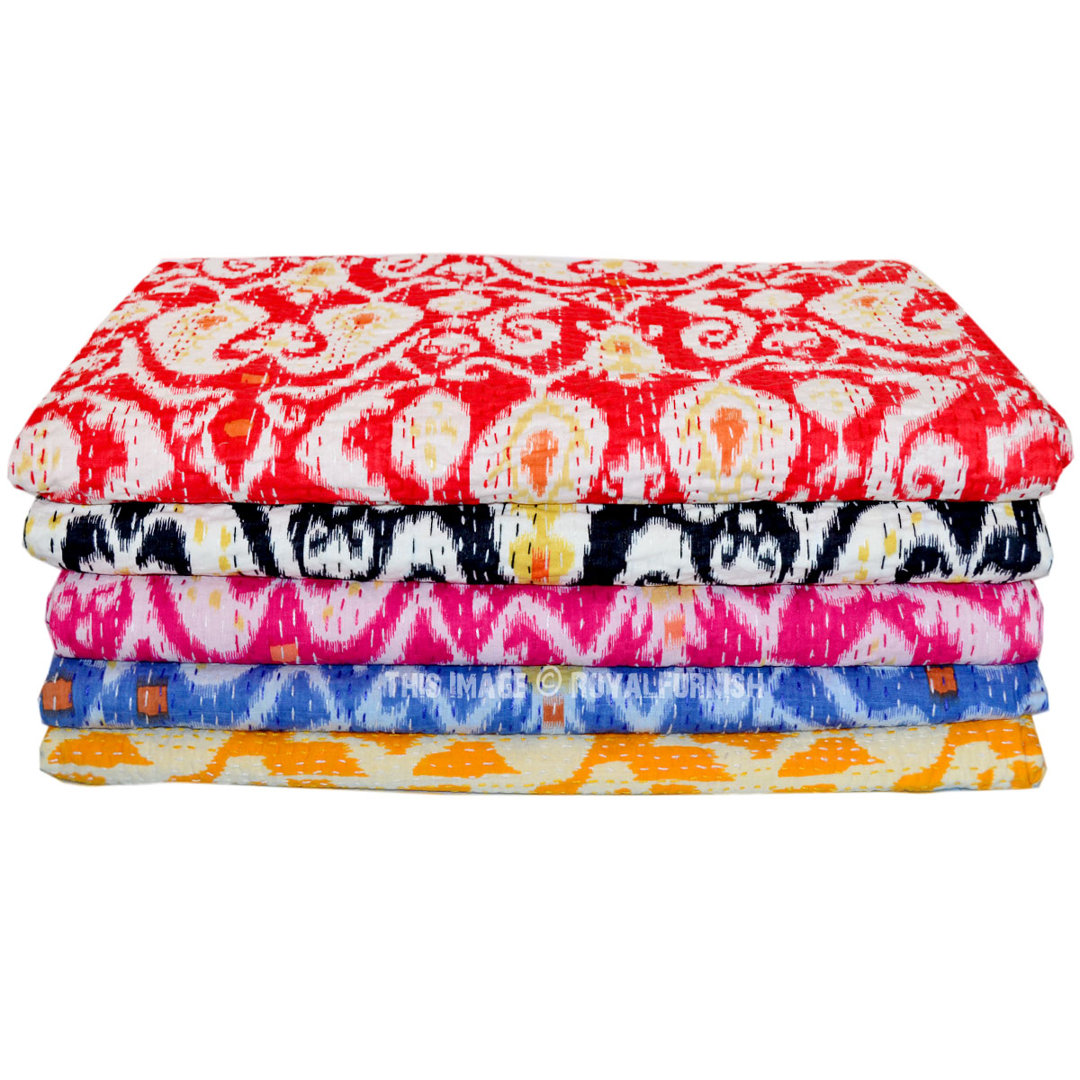 Set of 3 Wholesale Lot Assorted Queen Kantha Quilt Blanket Ikat Print