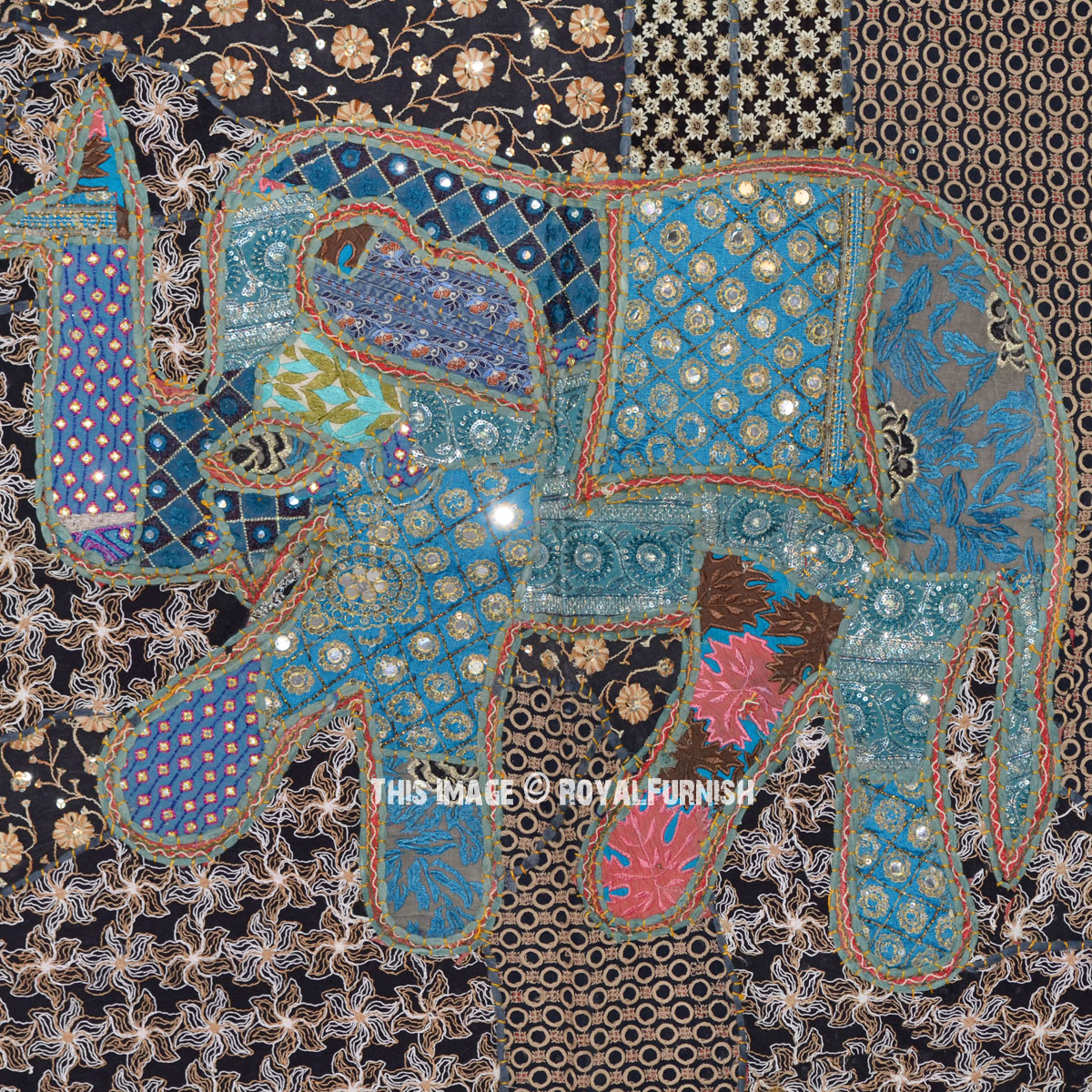 40" Green Vintage Multi India Sari Elephant Patchwork Tapestry Wall ...