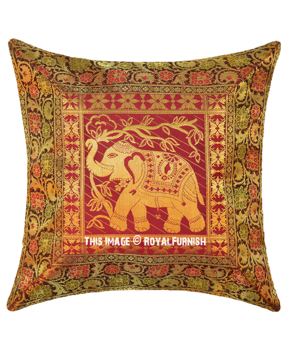 Indian Pillow Case Brocade Silk Elephant Brown Cushion Cover Throw 12" 
