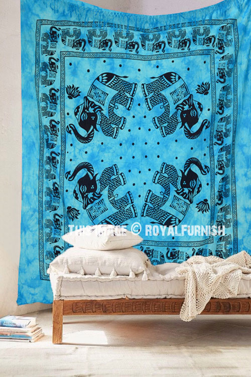 Blue Elephant Mandala Cool Tie Dye Cotton Tapestry Wall Hanging ...