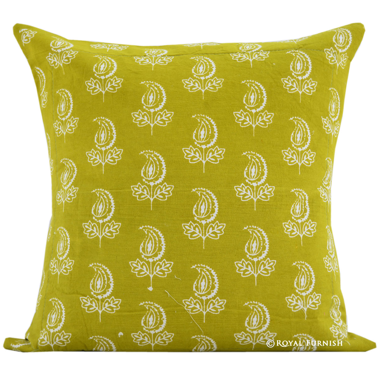 16" Green Bud Hand Block Print Cotton Toss Pillow Case