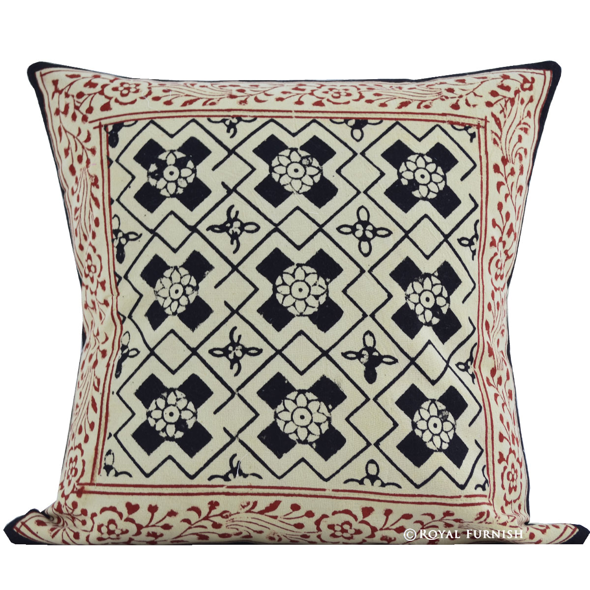 16" Black Indian Hand Block Print Throw Pillow Cover