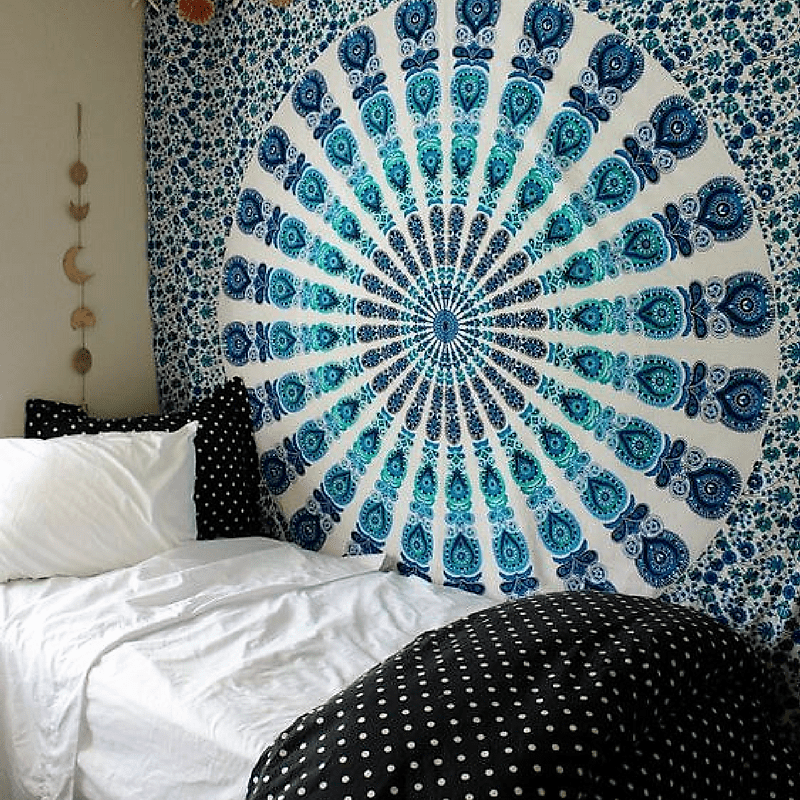 White & Blue Floral Indian Mandala Dorm & Bedroom Hippie Tapestry Wall