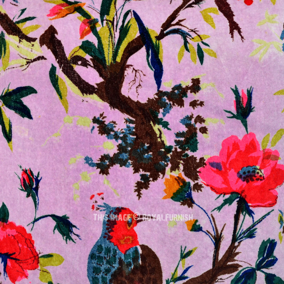 16"X16" Pink Indoor/Outdoor Velvet Birds Indian Throw Pillow Cover