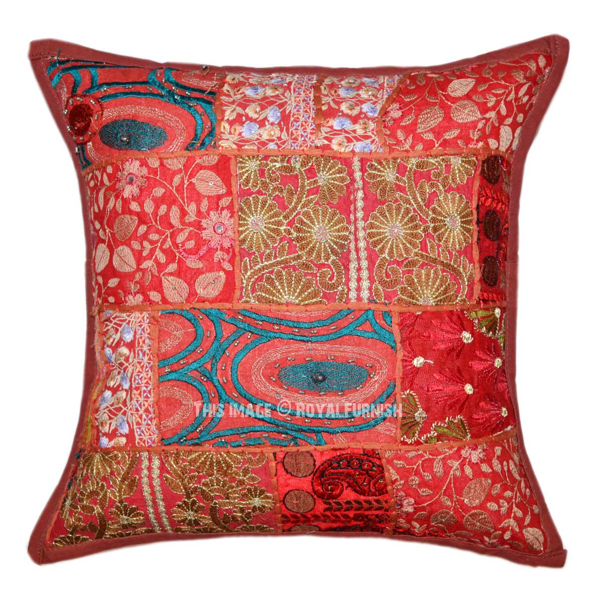 Brown Boho Patchwork Embroidered Decorative Throw Pillow ...