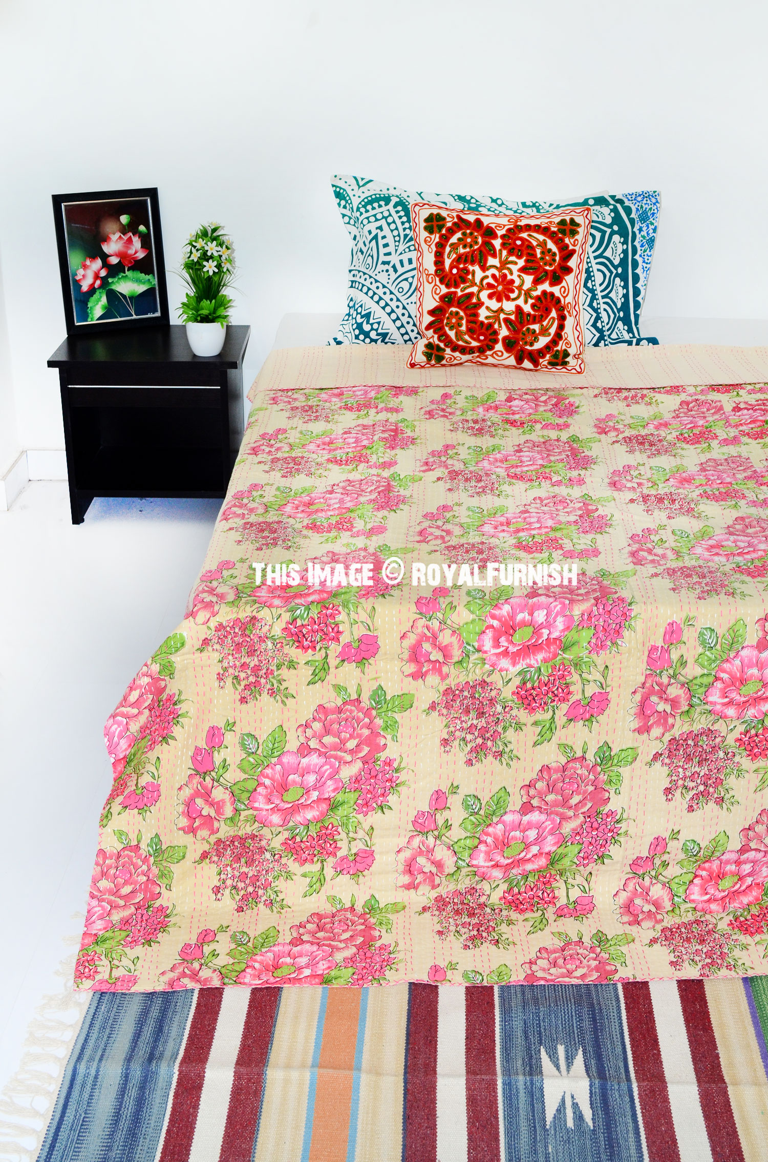 Beige Color Floral Handcrafted Kantha Cotton Quilt Throw