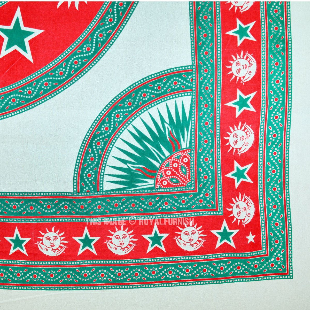 Red & Green Sun Moon and Stars Mandala Tapestry, Fringed Bedding ...