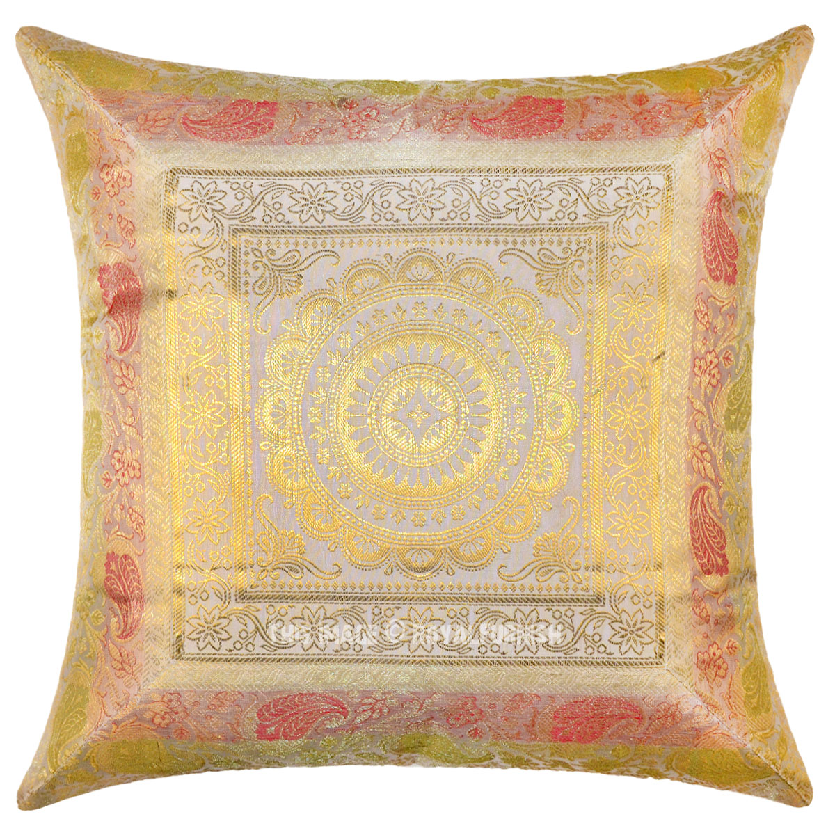 16" White Floral Indian Silk Brocade Throw Pillow Case