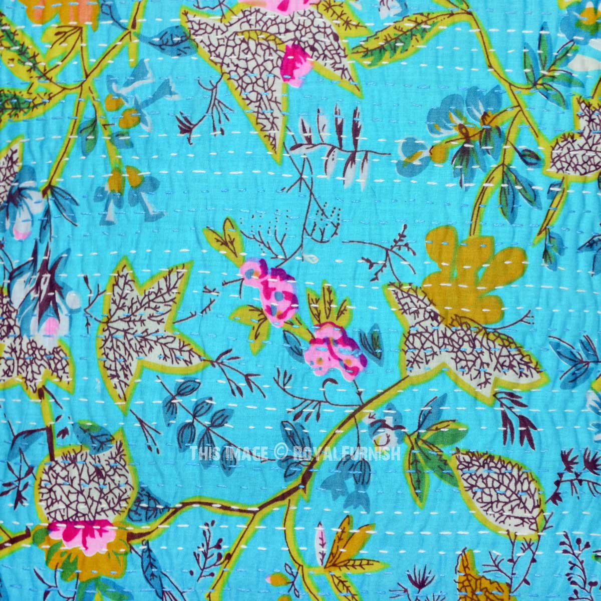 16" Turquoise Birds Paradise & Birch Needlework Kantha Throw Pillow