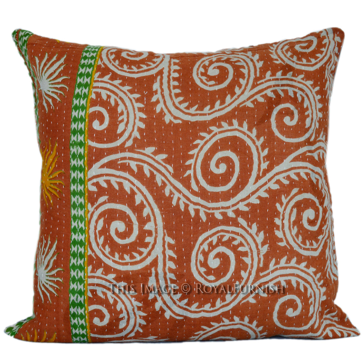 16" Handmade Vintage Kantha Stitched Square Pillow Cover