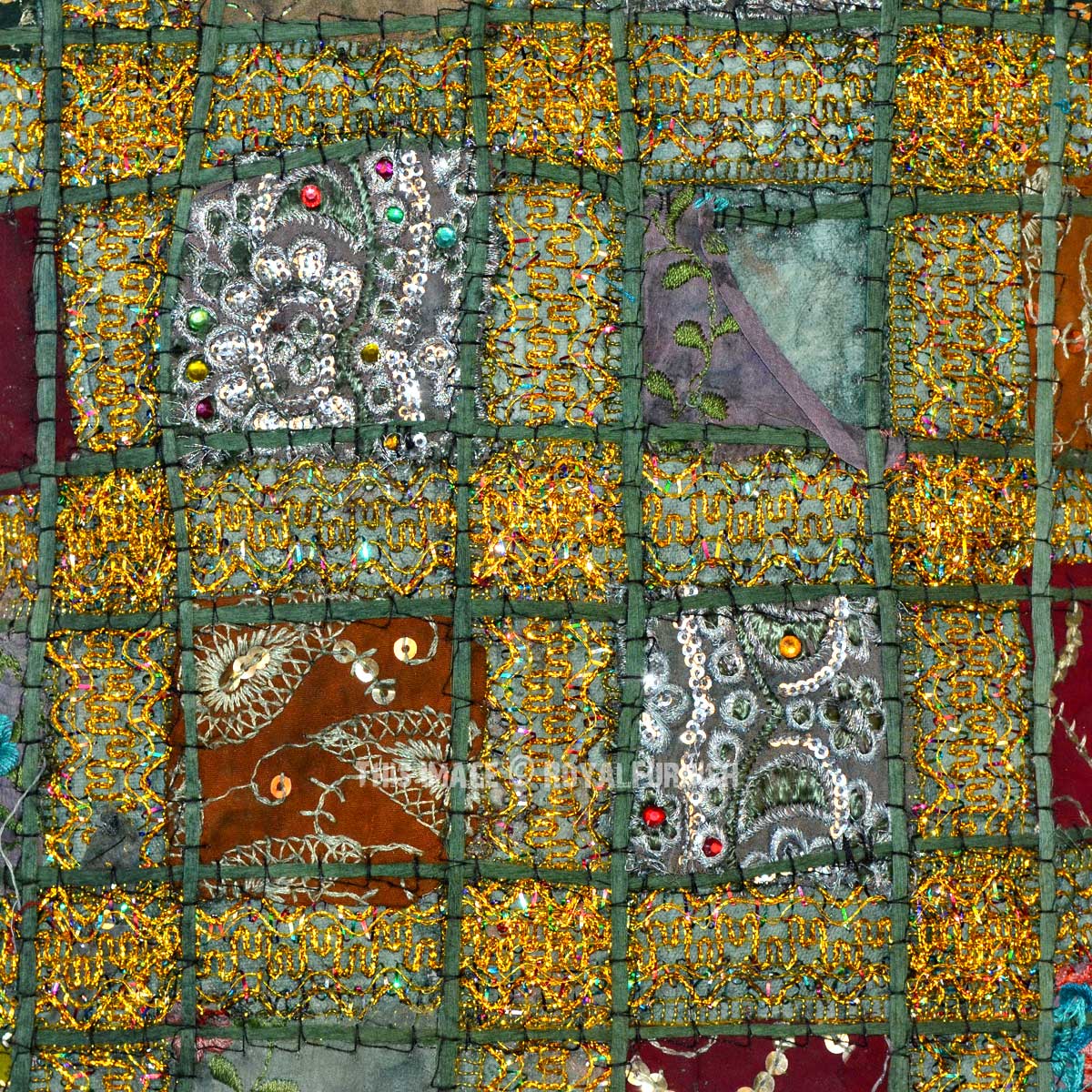 Dark Green Sequin Needlepoint Patchwork Embroidered Cotton Pillow Cover 16X16 - RoyalFurnish.com