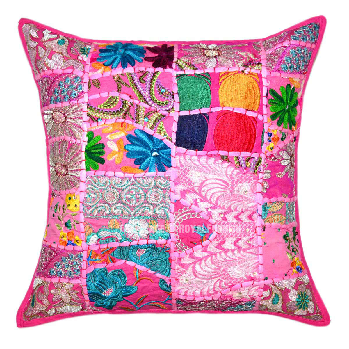 Pink Multi One-Of-A-Kind Patch Embroidered Cotton Pillow Cover ...