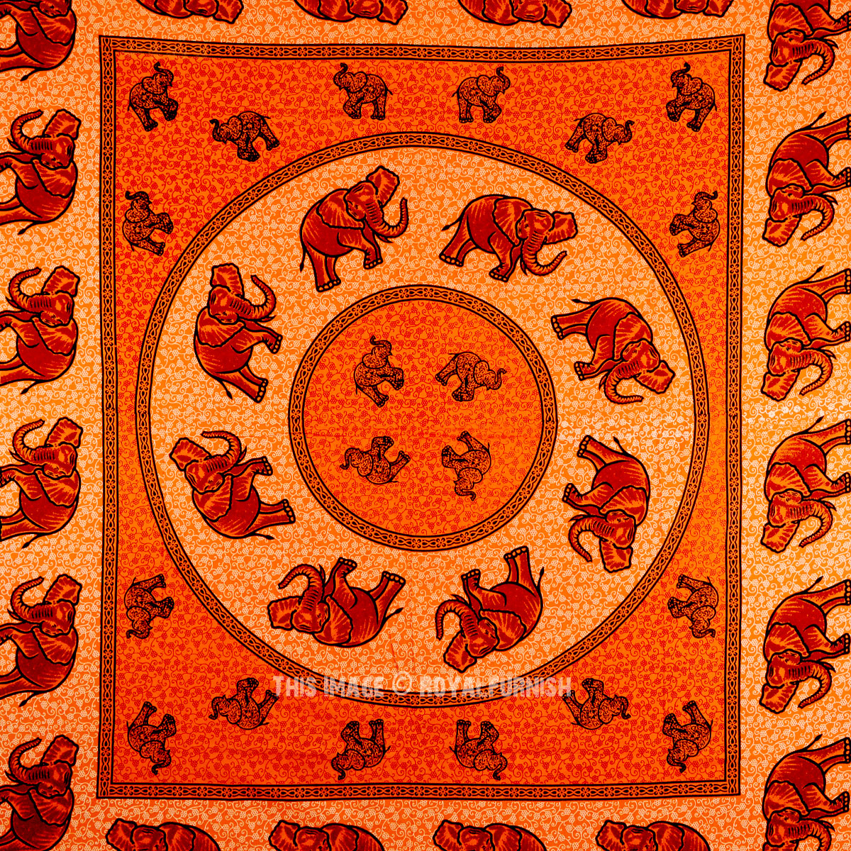 Orange Indian Elephant Mandala Hippie Trippy Tapestry Wall Hanging